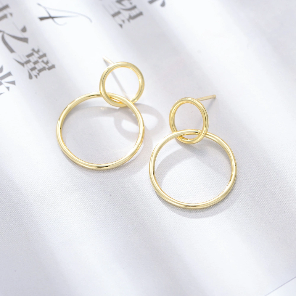 New Fashion Simple Jewelry 925 Sterling Silver Gold Plated Dangle Double Ring Hoop High Polished Stud Earrings