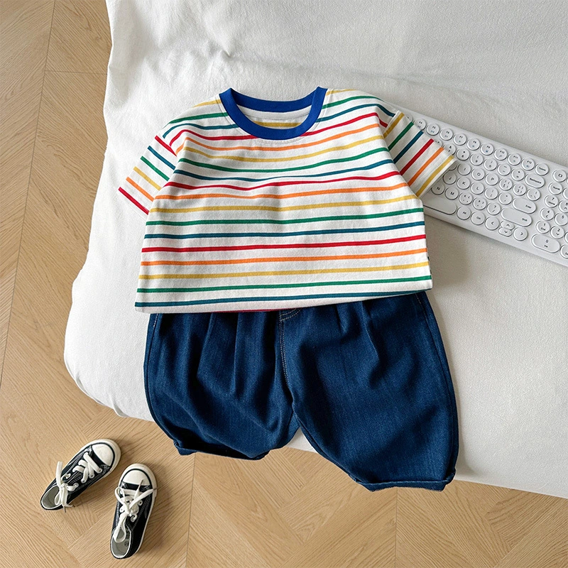 2023 Summer New Children's Korean Version of The Children's Rainbow Striped Short-Sleeved Boys and Girls with Thin T-Shirt