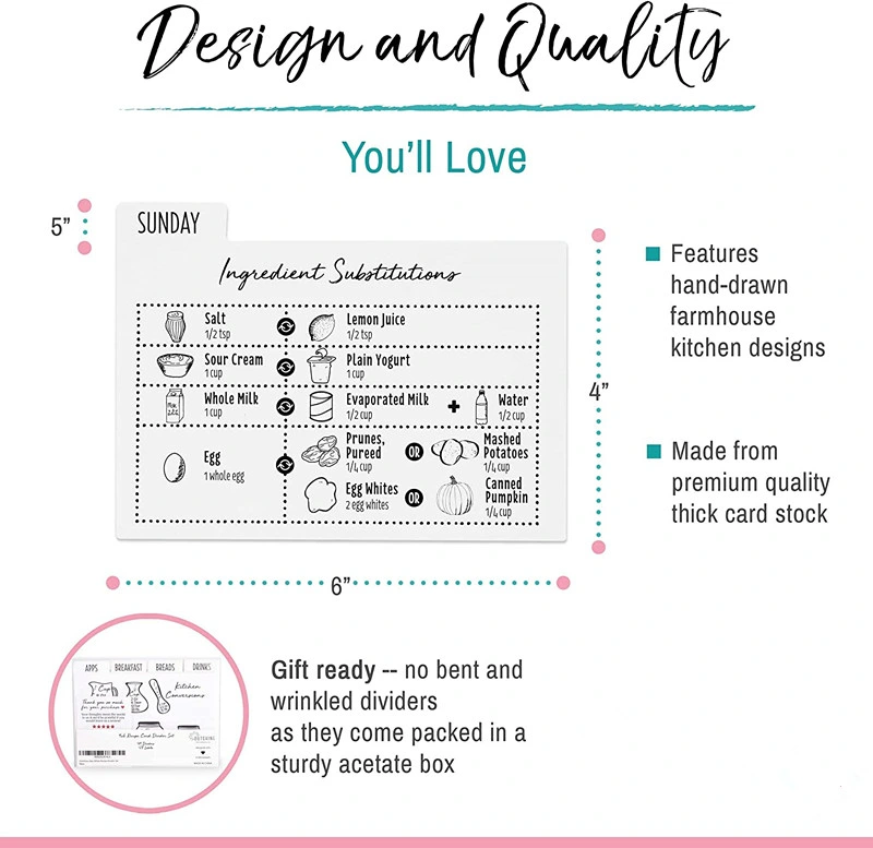 Premium White Recipe Card Dividers 4X6 with Tabs (Set of 24) Recipe Box Dividers Made of Thick Cardstock Includes 28 Adhesive Labels and Printed Cooking Tip