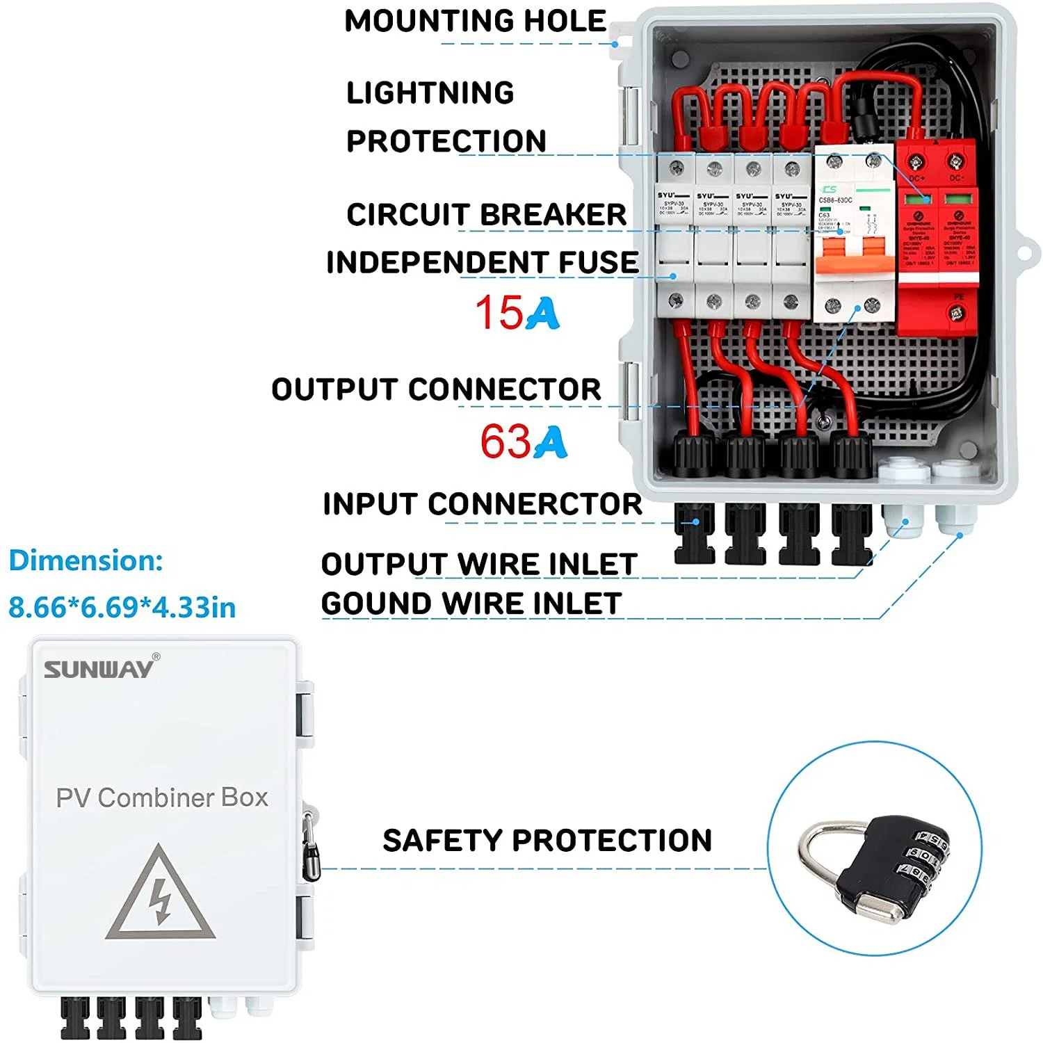 Caja combinadora, 4 String, con fusible de corriente nominal 15A, disyuntor 63A, protector contra transitorios/rayos 2,8kv y conectores solares Mc4 para o