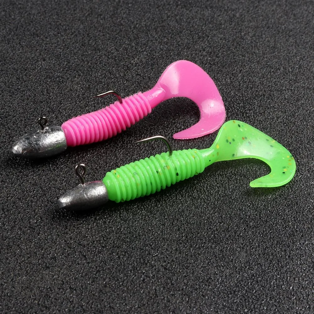 Soft Curl Tail Worm Fishing Bait Set with Lead Hooks