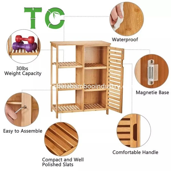 Wholesale/Supplier Bamboo Bathroom Storage Cabinets with Doors and 3 Side Shelves, Bamboo Floor Cabinet Utility Storage Shelves Floor Standing Cabinet Side Cabinet