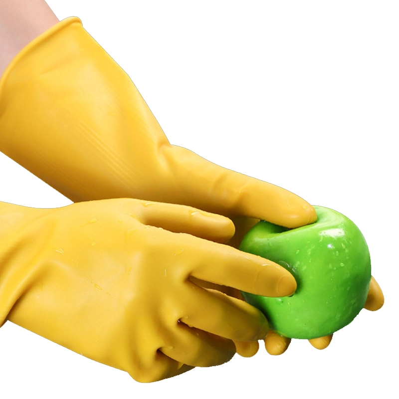 Custom Woman Gradient Yellow Latex Rubber Household Glove Dish-Washing Cleaning Fishscale Grip