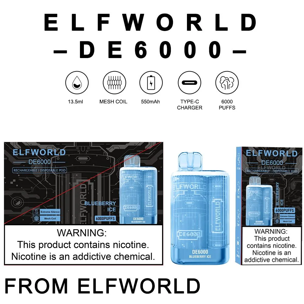 Original Elfworld De6000 6000puffs Disposable Electronic Cigarette Starter Kit Strength 5% Vape E-Juice 13.5ml Battery 600mAh Disposable Te5000 Mesh Coil