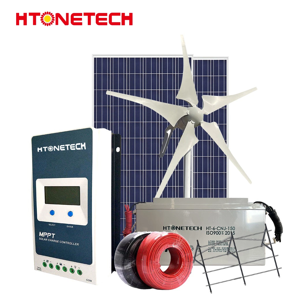 Htonetech 300 واط اللوحة الشمسية Monocryalline مصنعين نظام الطاقة الشمسية 12kw مجموعة كاملة من أنظمة الطاقة الشمسية وطاقة الرياح في الصين مع توربين رياح بقدرة 24 فولت