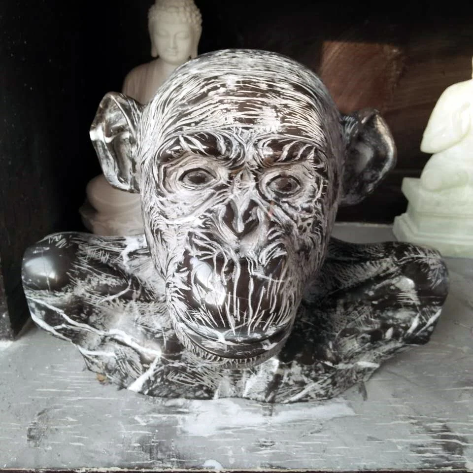 Nero Marquina mármol Chimpanzee Bust Carving Sculpture