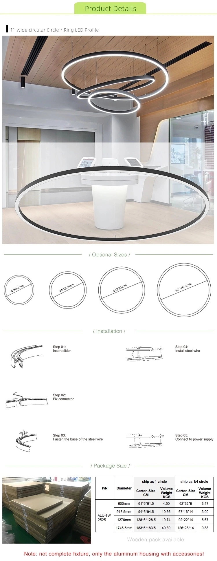 1'' Wide Ceiling Suspended Black Curved Aluminum LED Profile for Circle LED Ring Light