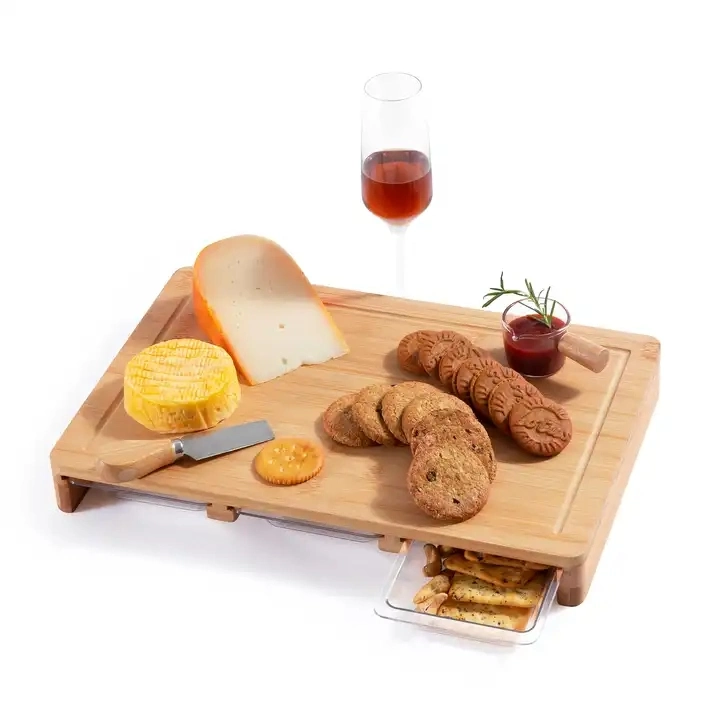 Bamboo Chopping Board with 3 Plastic Drawer Containers Tray