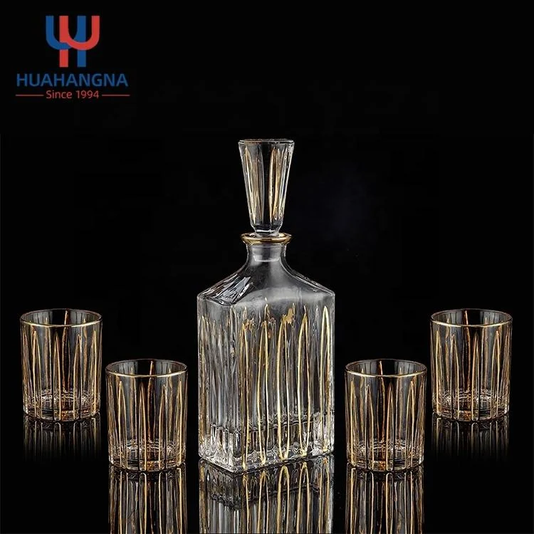 Custom Engraved Non-Lead Gold Trim Classics 5-Piece Lead-Free Glass Square Whiskey Decanter & Glass Set for Bourbon Vodka Gin