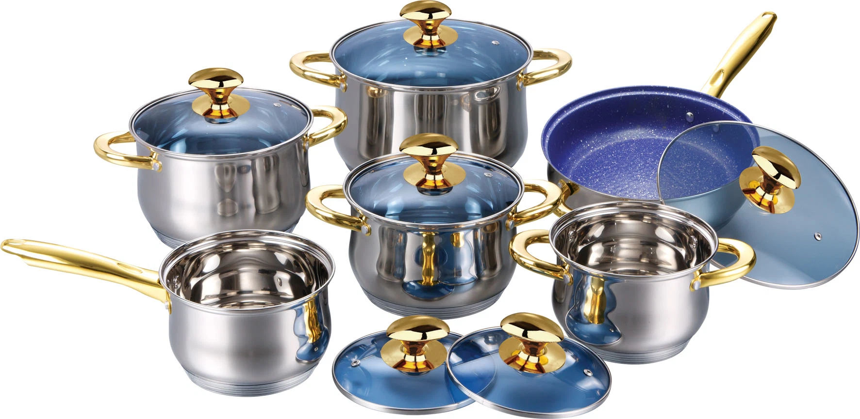 Großhandel/Lieferant 12pcs Edelstahl Kochgeschirr Set mit goldenen Griffen und blauen Glasdeckel, wirtschaftliche Küchenutensilien geeignet für alle Kochfelder mit Töpfen und Pfannen