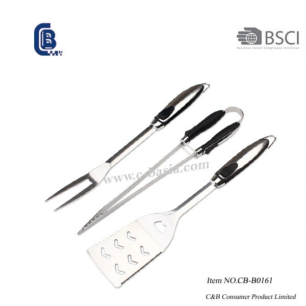 Hot Sale 3PCS Poignée de bois Barbecue Barbecue Ensemble d'outils Outils (d'une spatule, de la fourche, pinces)