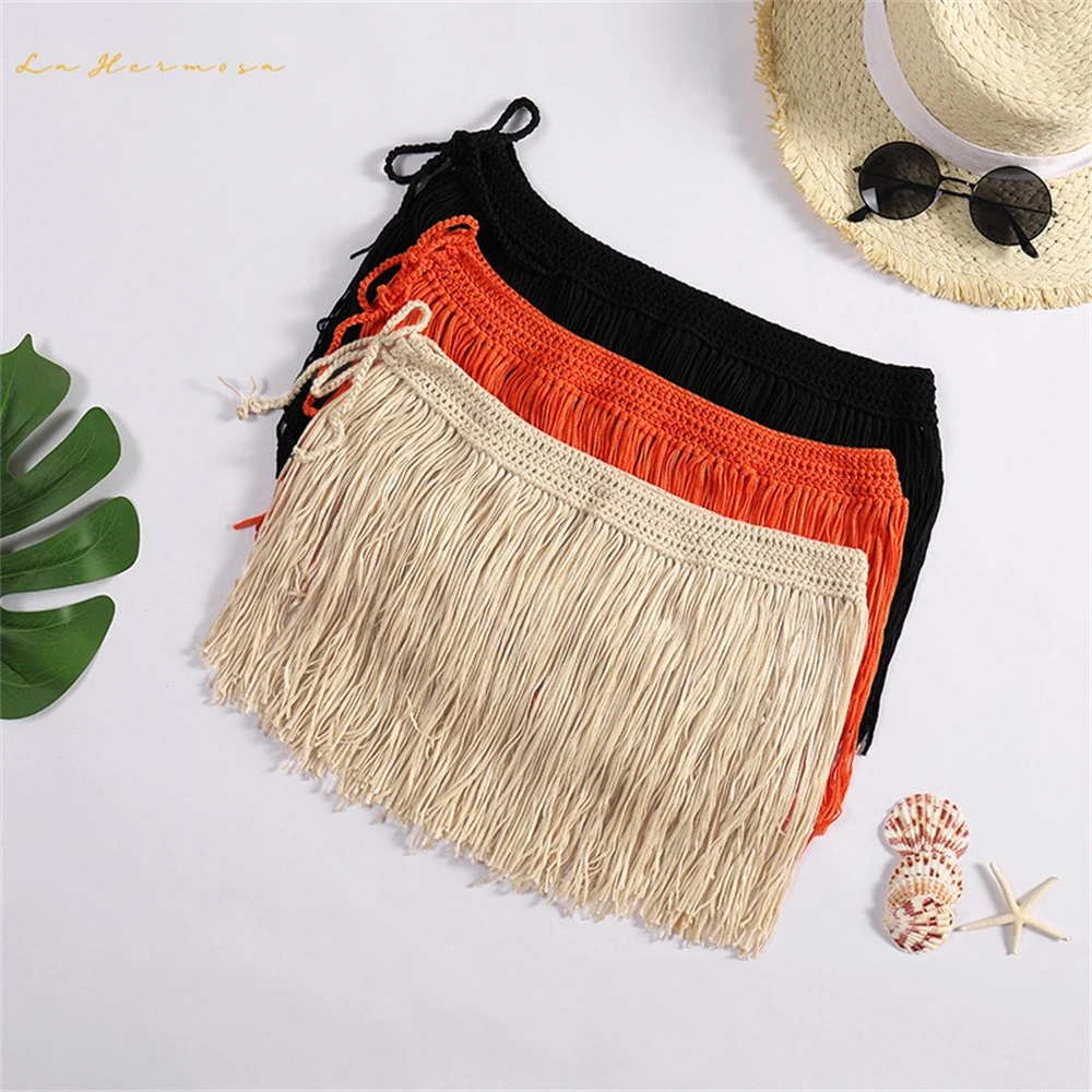 Fashion Ladies Beach Skirt Knitted Hand Hook Long Tassel Hula Dance Skirt Bikini Outside Short Skirt Wholesale/Supplier Swimwear Cover-up Stcy0619