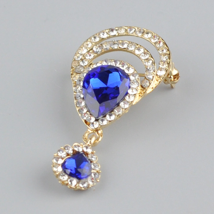 Wholesale New Design Gold Plating Water Drop Blue and Crystal Brooches with Pin