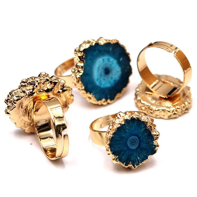 Hot Selling Fashion Gemstone Crystal Gold Ring High quality/High cost performance Sunflower Gold Ring Inlay Druzy Agate Ring