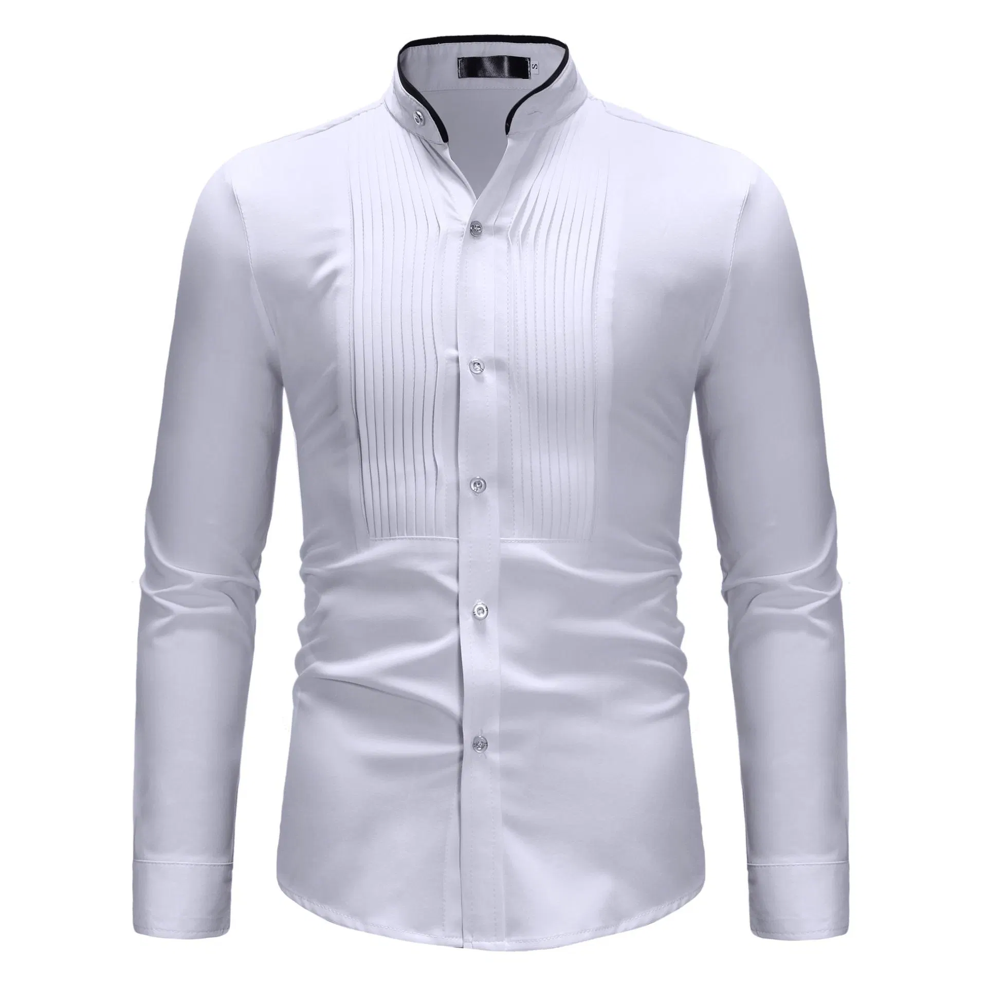 OEM Contrast Color Stand Collar Shirt Men's Pleated Front Long Sleeve Party Dress Shirt