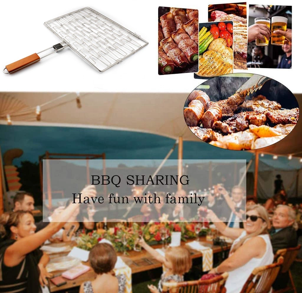 Keyo Folding Portable Stainless Steel Fish Vegetables Shrimp Wire Mesh Stainless Steel Baking BBQ Grill Basket