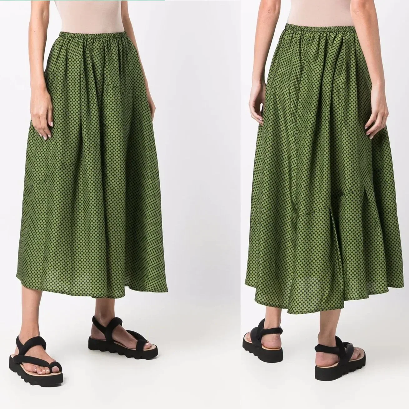 New Fashion OEM Pleat Skirt with DOT Print High Waist Women MIDI Length Casual Skirt