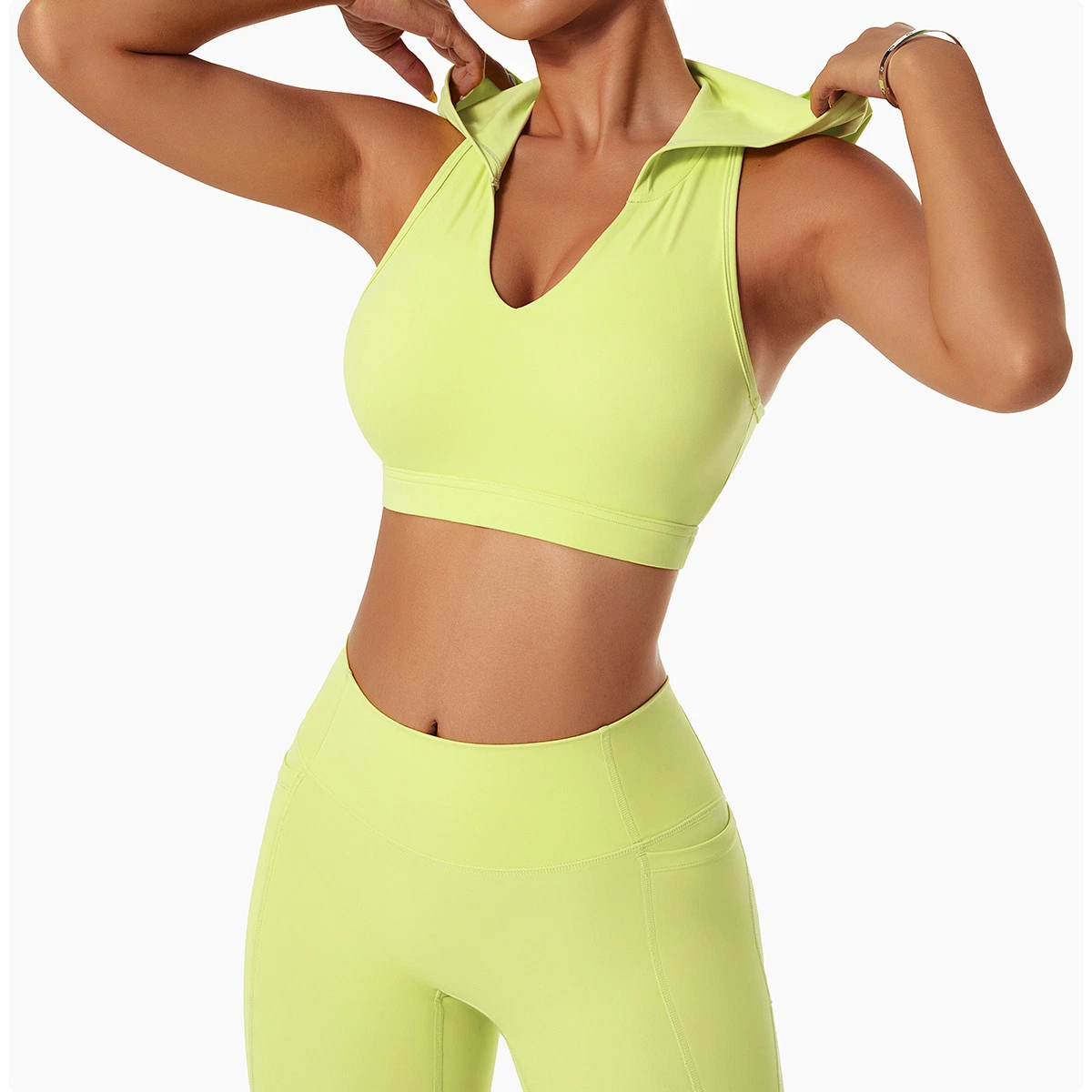 Woman Hooded Sports Bra Sleeveless V-Neck Crop Top Yoga Hoodie Summer Air Sport Vest Female Fitness Clothes for Lady Solid Color