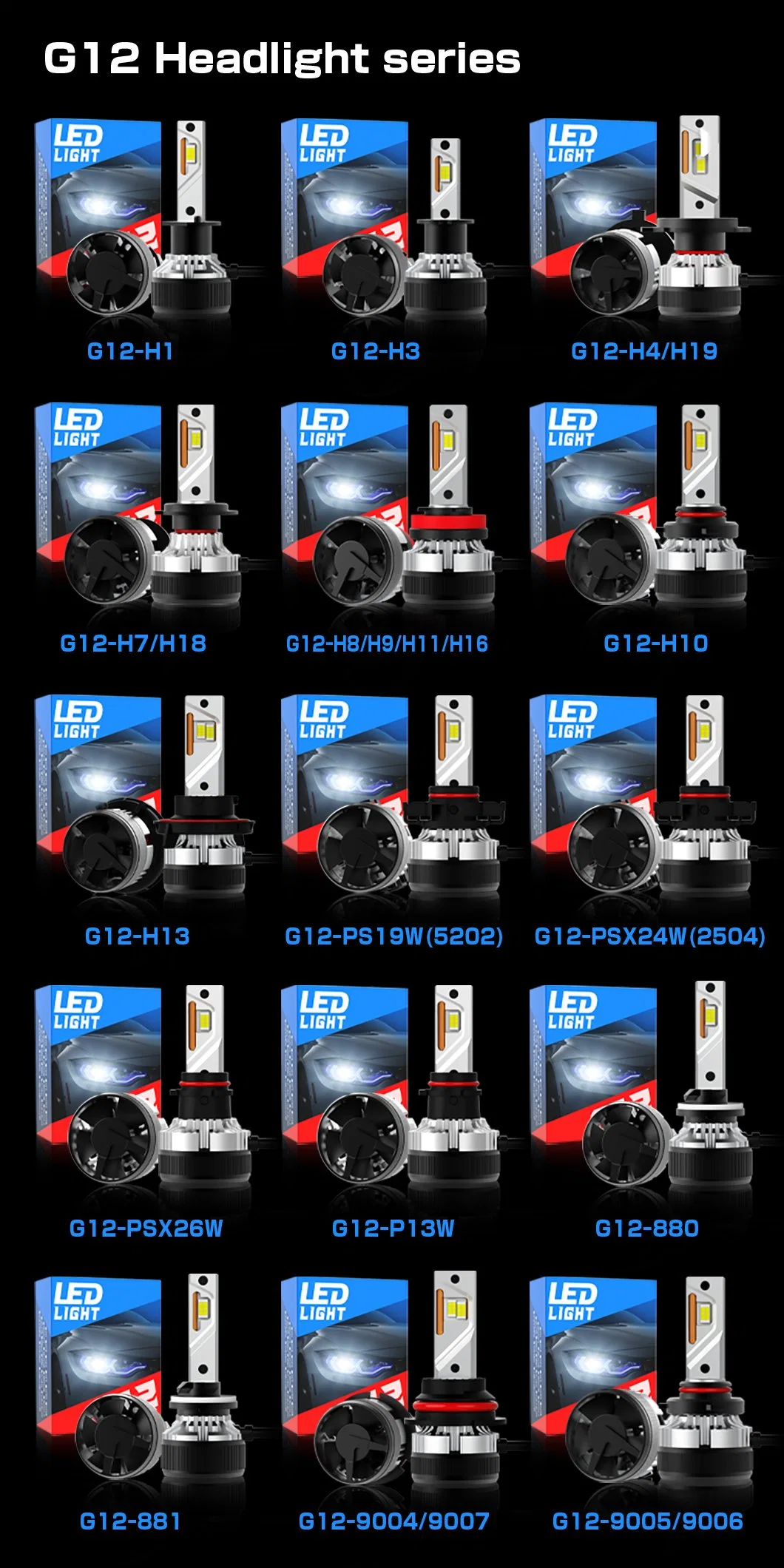 G-View G12 new high quality100w 12000lm H11 H4 H7 H18 9005 9006 auto led headlight for HID replacement bulb headlamp