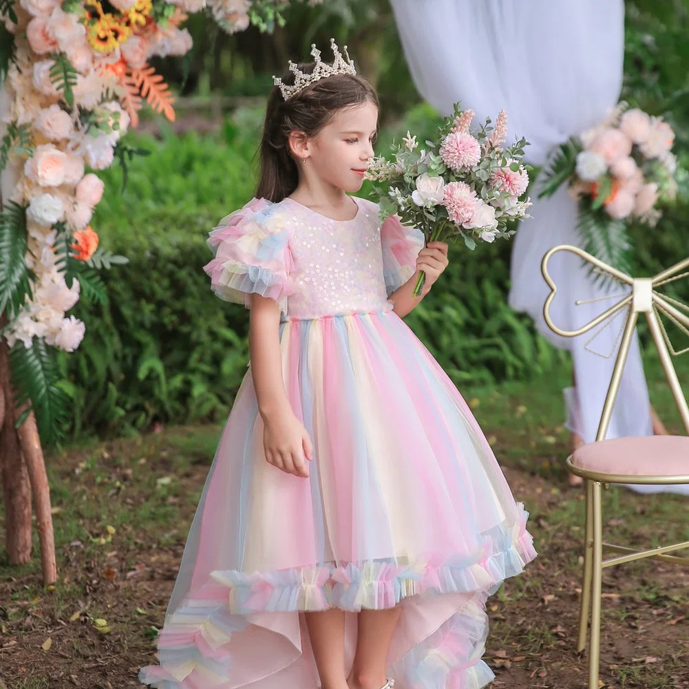 Kids Wedding Shiny Baby Frocks Design Tailing Children Clothing Rainbow Apparel Girdle Girls Dress