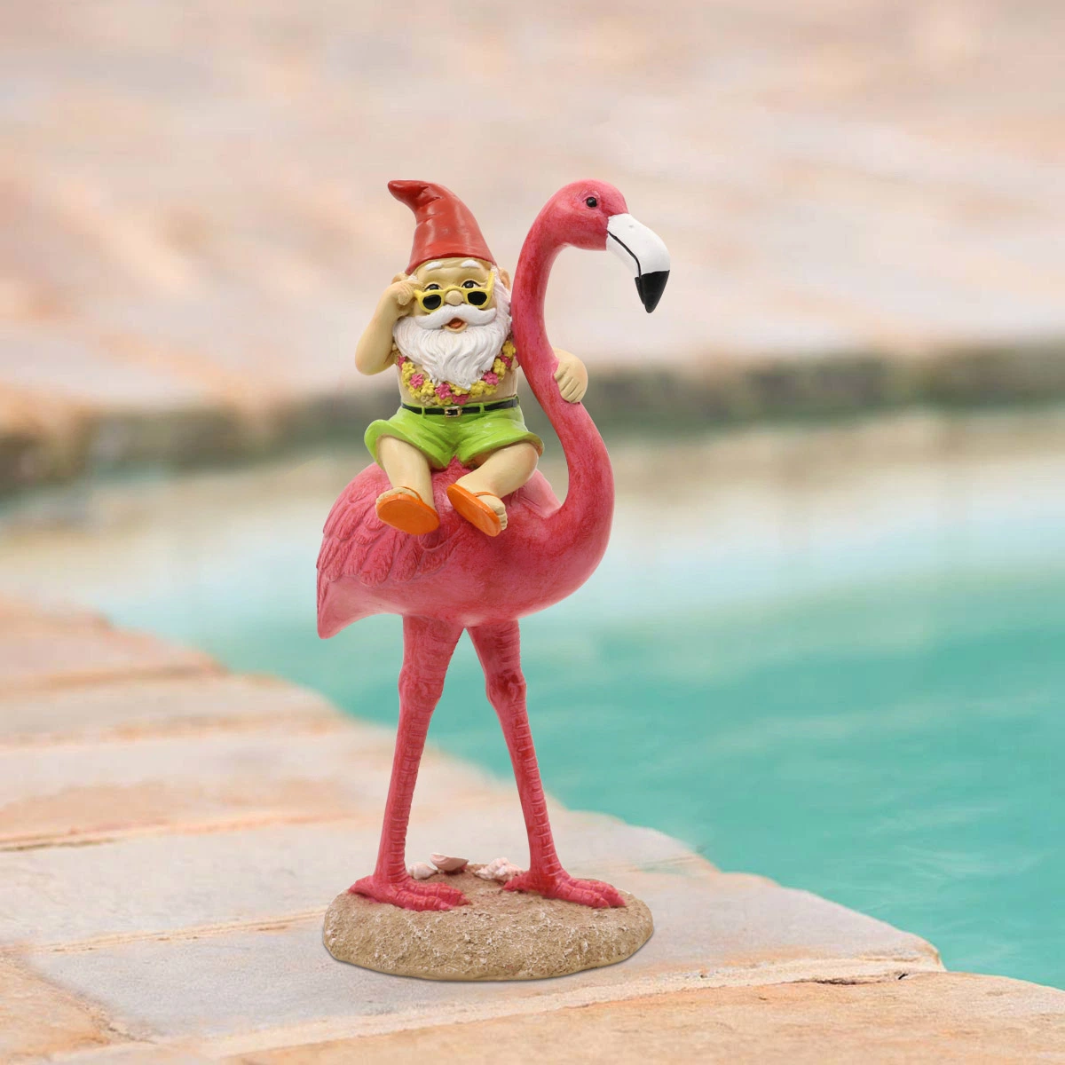 Nains de jardin drôle Riding Flamingo Statue, adorable Hawaii Gnome Figurine Yard ornement