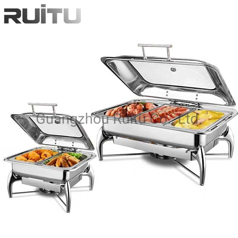 Hotel Buffet Server Food Warmer Dish Fuel or Electric Heater Stove Square Shape 6L Stainless Steel Hydraulic Chef in Dish Glass Lid Chaffing Dishes for Home Use