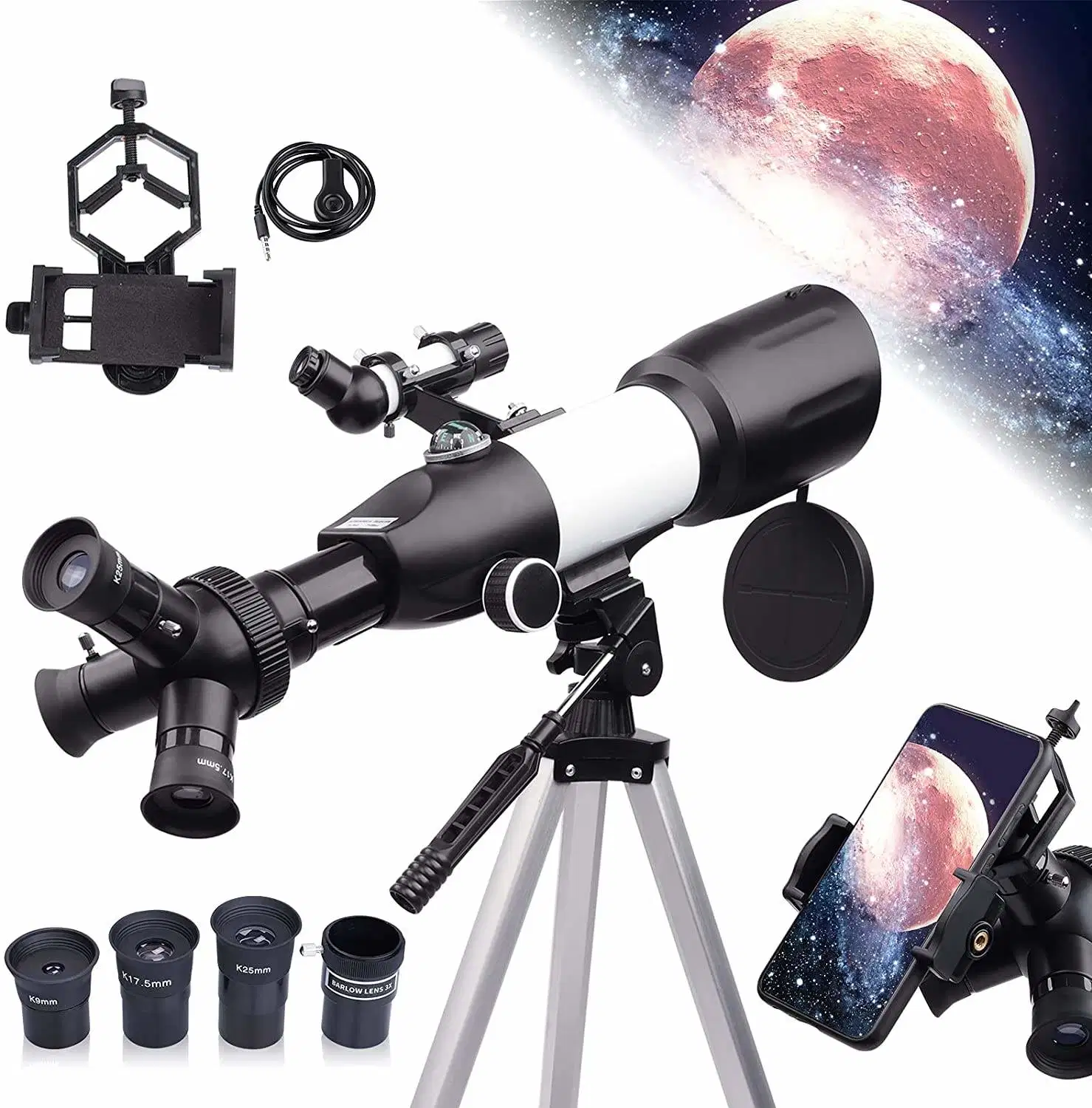 Personnalisation de base 3 oculaires pivotables 70mm ouverture Astronomical Refraction Telescope