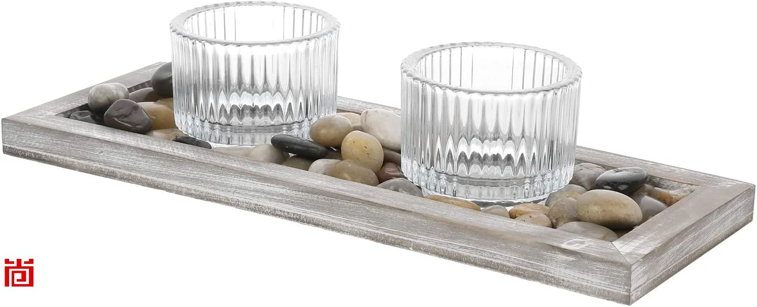 Decorative Glass Candle Holder Set with Whitewashed Wood Tray