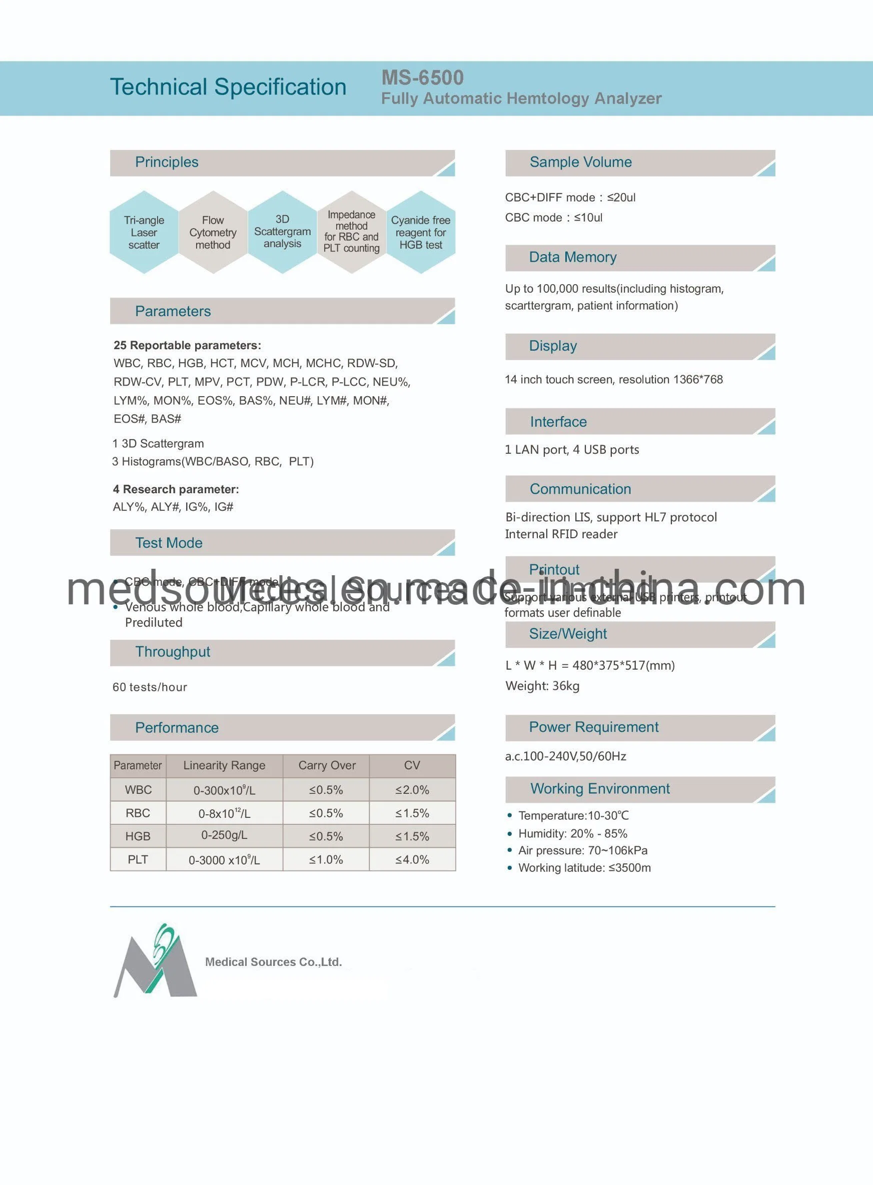 كامل التلقائي خمسة تفاضلي 5 جزء 5-Diff Blood Test Hematology Analyzer