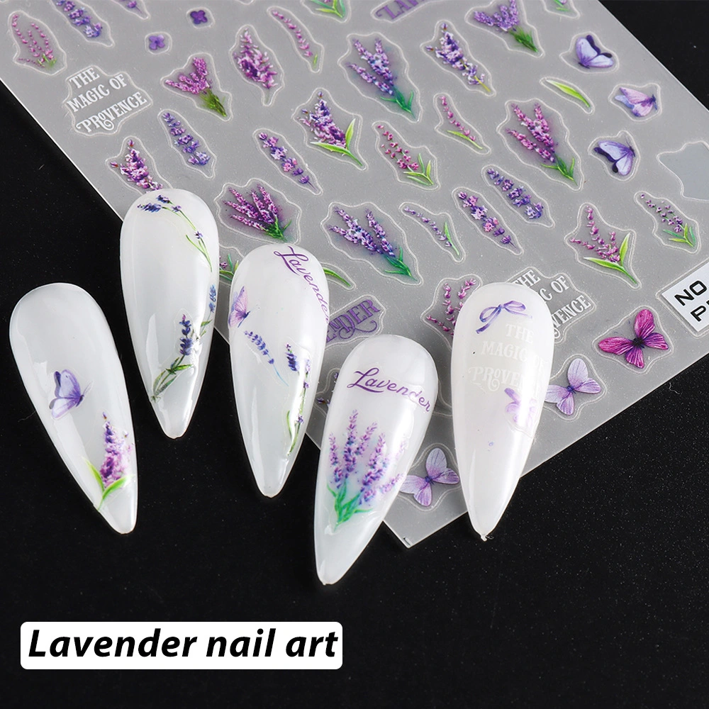 New Design Self Adhesive Nail Art Stickers Lavender Chamomile 5D Flowers Nail Decals