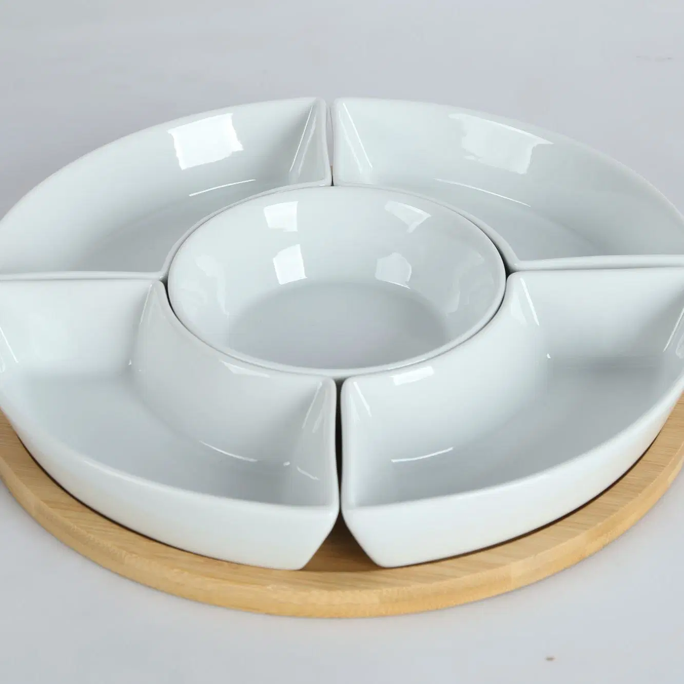 White Ceramic Decorative Fruit Plate Candy Divided Serving Tray Box Container with Wooden Tray