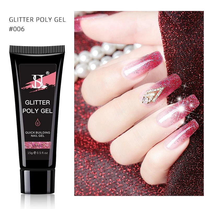 HS suministros de uñas de alta calidad de etiqueta privada de 6 colores de uñas de gel de Poly Poly Gel Glitter