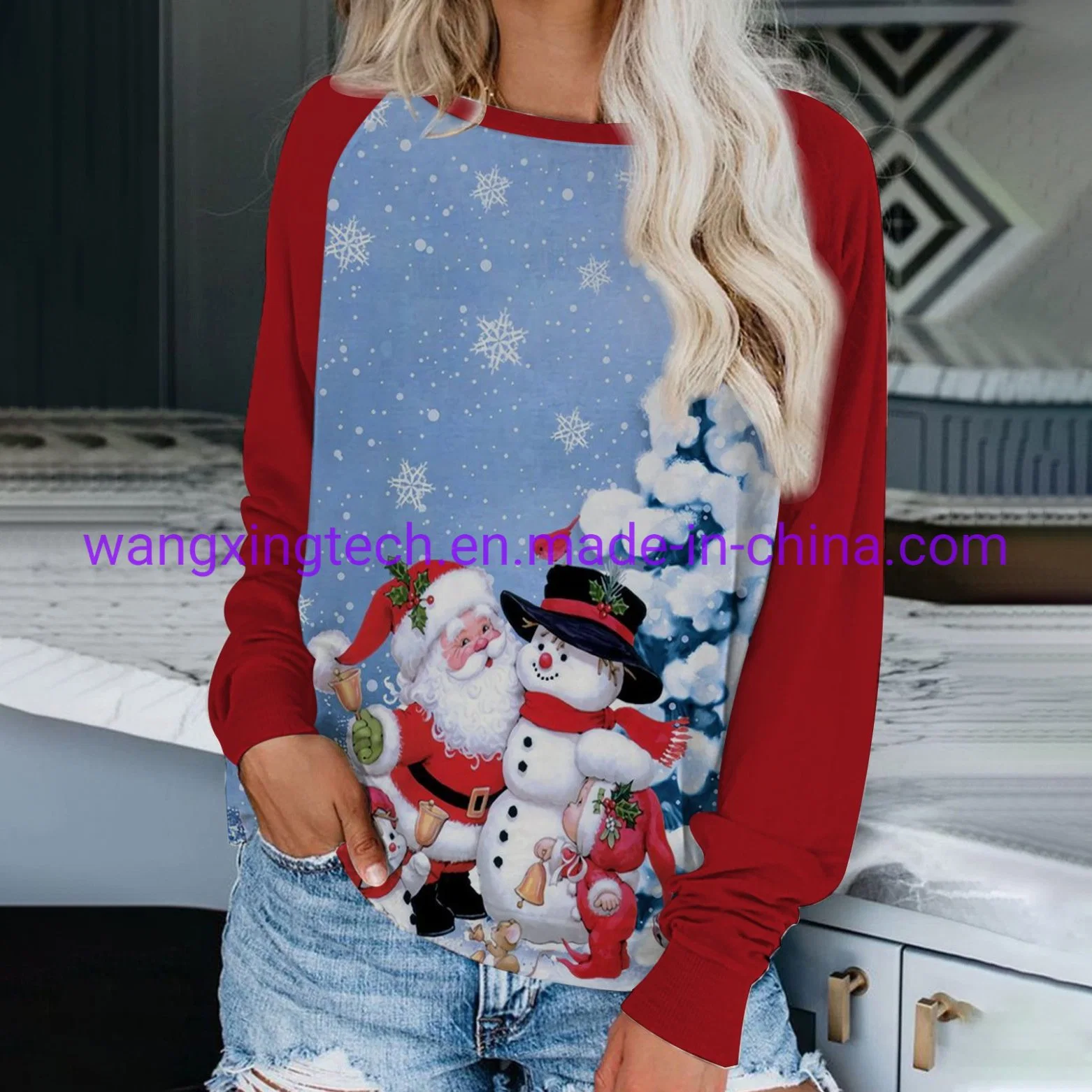 Großhandel 2022 Herbst und Winter Neue Frauen Weihnachtsjacke Druck 3D Pullover Lässiges Langarm-Shirt mit Rundhalsausschnitt