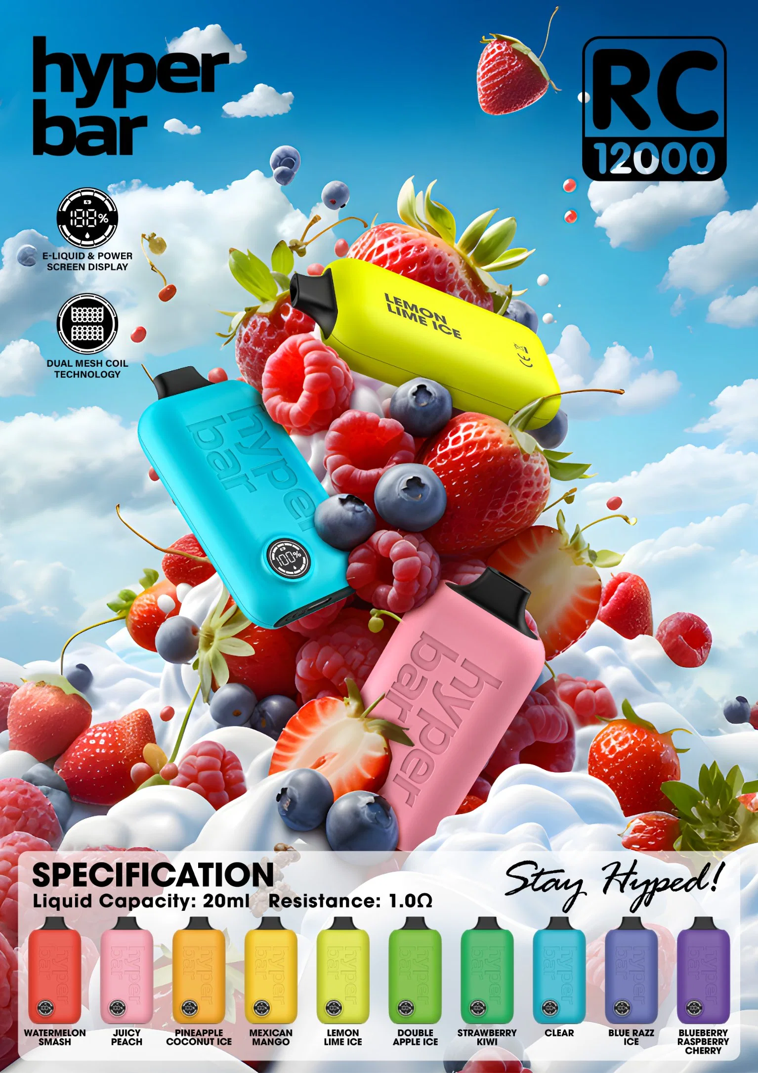 Hochwertige Einweg-Vape Pen Hyperbar RC 12000 Puffs mit Display eliquid hohe Qualität Made in China