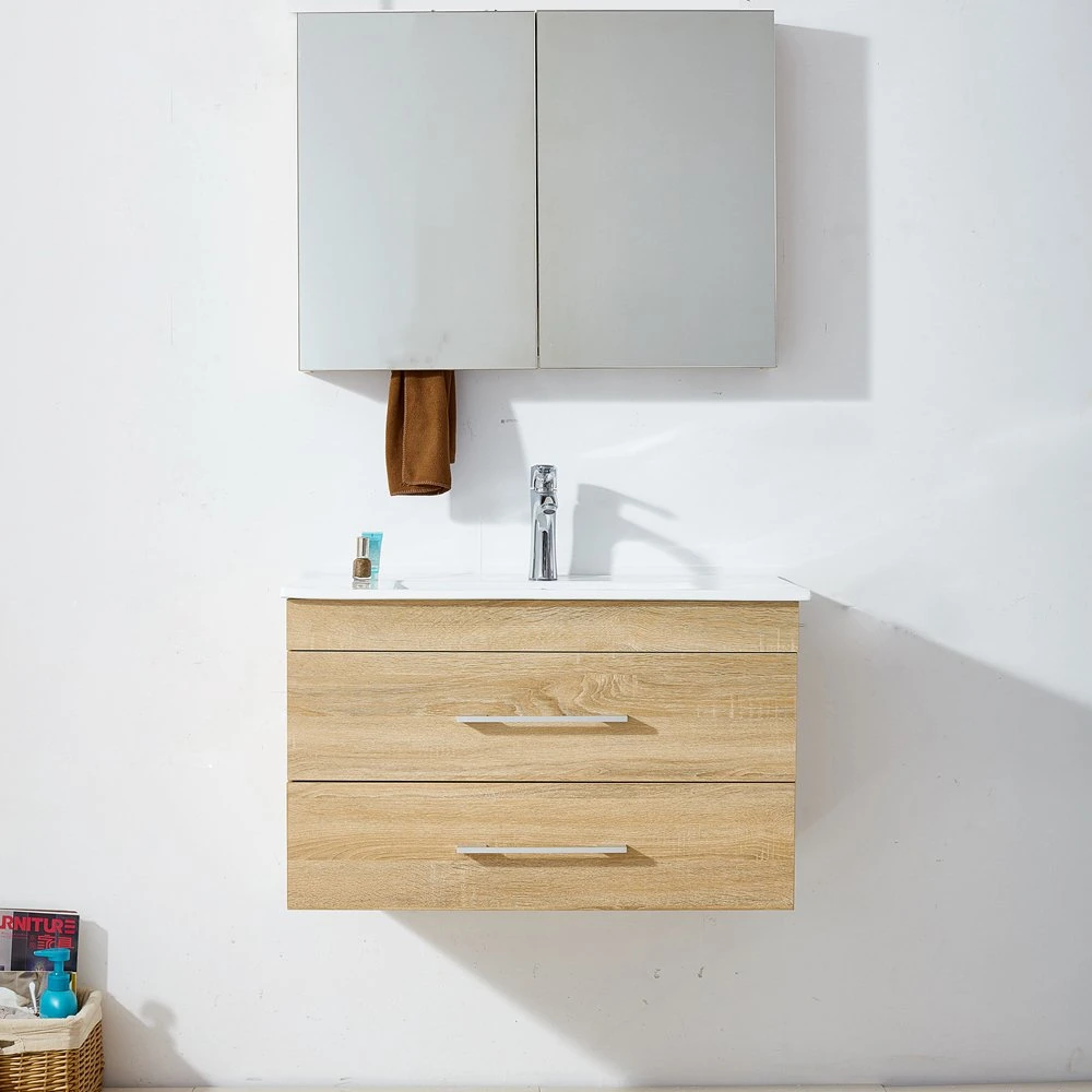 Factory Direct MDF Cuarto de baño moderno Sink tocador Melamina espejo de baño Armario con lavabo