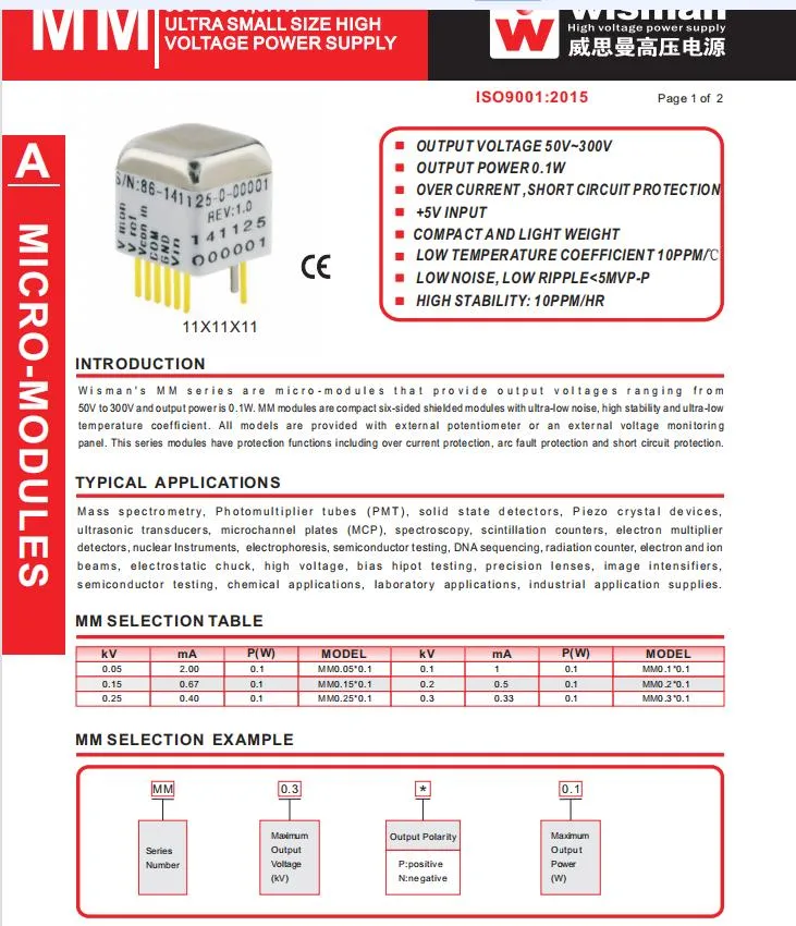 High voltage power supply MM Series  DC 50V-300V 0.1W Micro-Modules