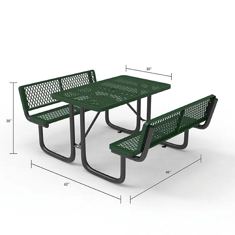 OEM 48" Hotel/Hospital Courtyard Rectangular Green Table and Chairs with Umbrella Hole Expanded Metal Picnic Table with Backrest