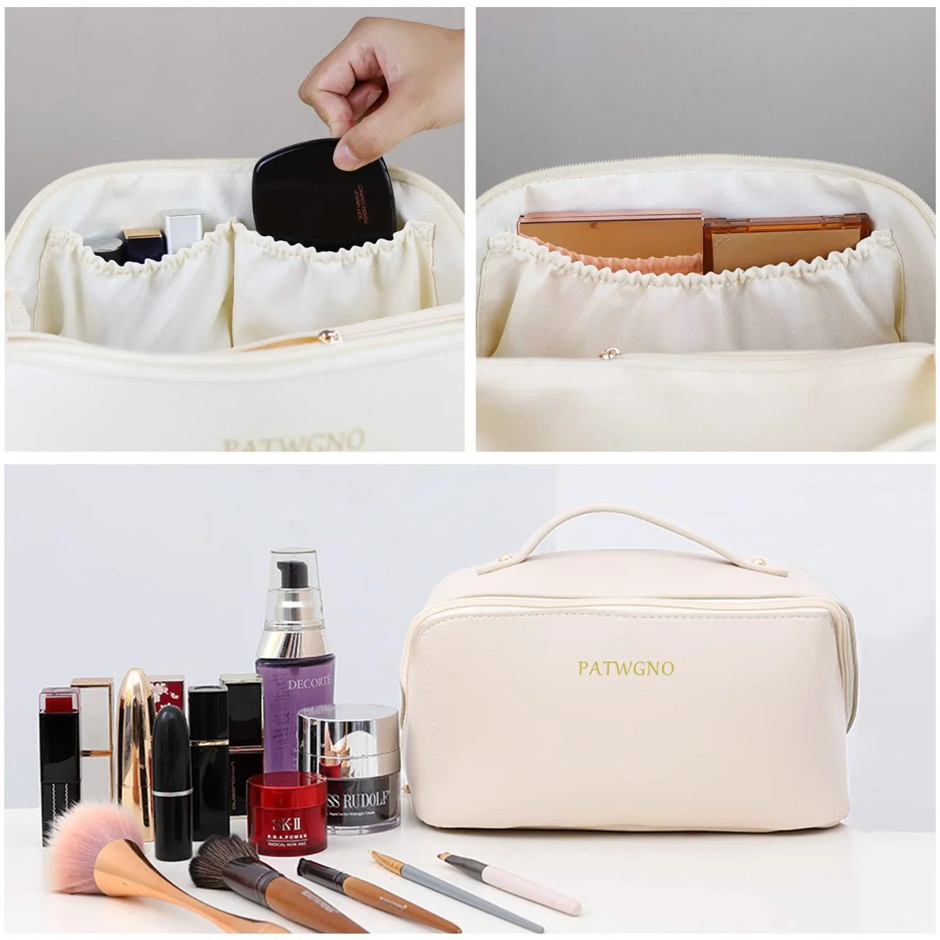 Viajes de gran capacidad de la bolsa de cosméticos, Maquillaje para portátil Bolsa abre plana para almacenamiento multifuncional de cuero de PU impermeable bolsa de maquillaje para mujer