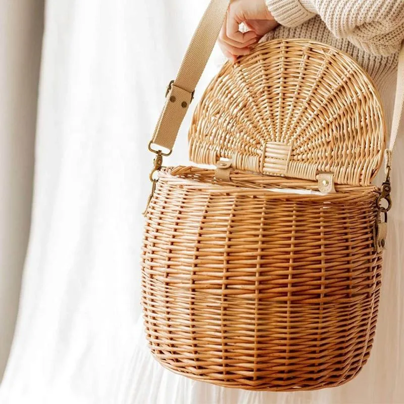 Handmade Round Straw Handwoven Easter Beach Picnic Baskets Rattan Handbags Straw Tote for Women Girls