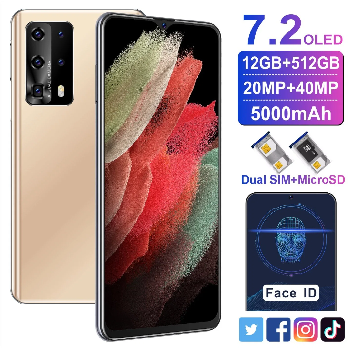 Téléphone intelligent avec écran complet Quad Camera 7,2" FHD+ 4 Go de RAM 64 Go de ROM Processeur Octa-Core