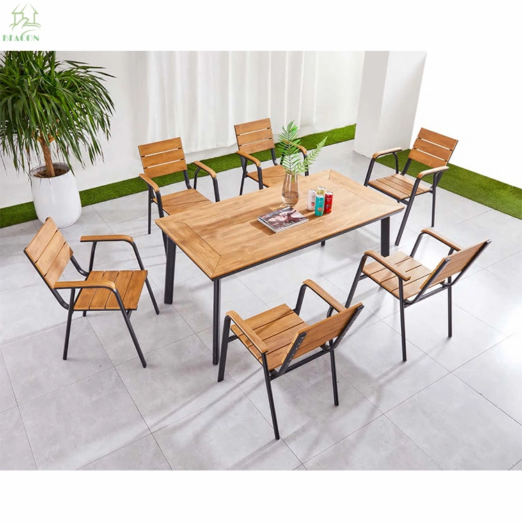 Ocio al aire libre popular patio jardín armazón de aluminio sillas de madera de plástico Conjunto de muebles de comedor juegos de comedor al aire libre