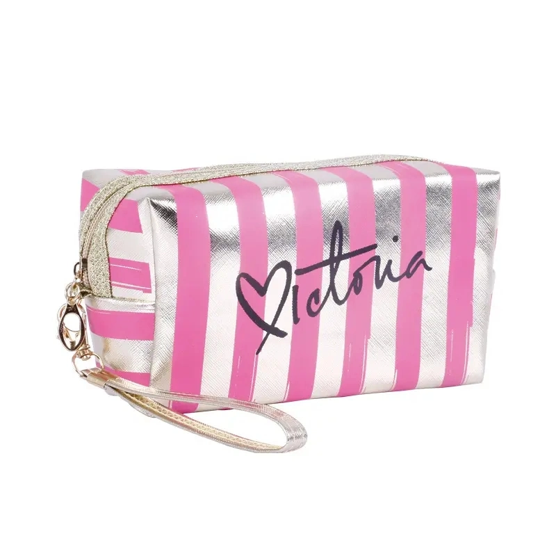Customized Striped Waterproof Laser Cosmetic Bag Women Neceser Make up Storage Bag PVC Pouch Wash Toiletry Travel Organizer Case