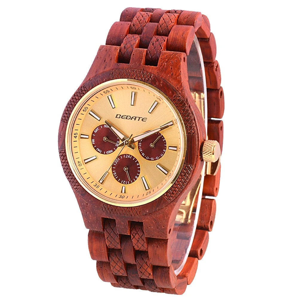 Free Box Executive Leather Wooden Timepiece Mens Wrist Watches with Wood Chips Band Chronograph Japan Movement Quartz Watch