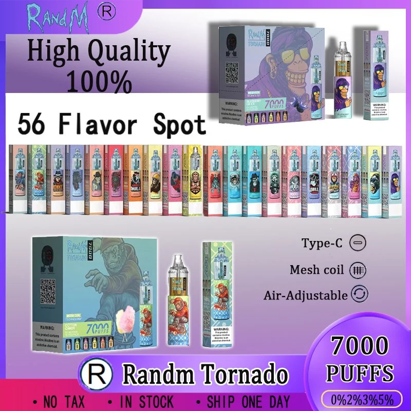 Randm Tornado 7K jetable E cigarette 14ml Vape en cristal prérempli Batterie 1 000 mAh lavable, rechargeable, débit d'air réglable, 7000 feuilletées