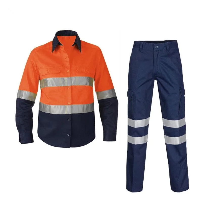 Hi Vis Orange/Navy Blue Long Sleeve Workwear Shirt Two Tone Heavy Cotton Reflective Shirt