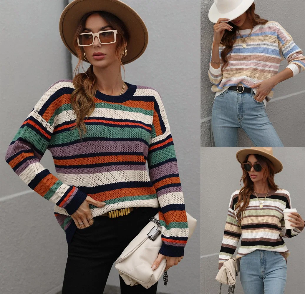 Crew Neck Autumn Winter Female Round Neck Pullover Knitwear Ladies Clothes Women Casual Street Fashion Colorful Striped Sweater