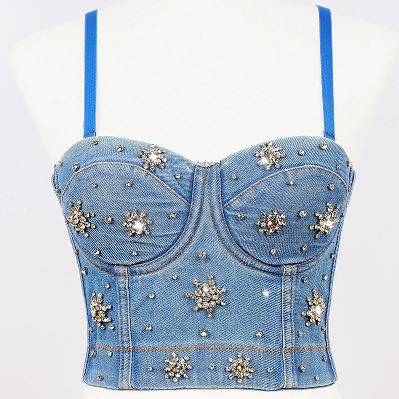 Women Rhinestone Blue Black Medium Flowers Denim Bustier Crop Top Club Party Corset Top