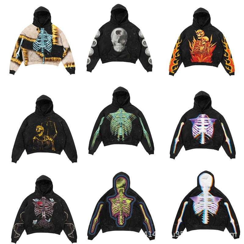 Men's Loose Fit Bulk Quantity Customized Print Skeleton Screen Print Hoodies Unisex Street Style Hoodie for Men's Clothing