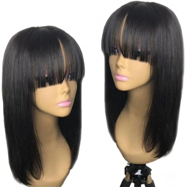 None Lace Front Human Hair Wig Full Machine Made Wig with Bangs