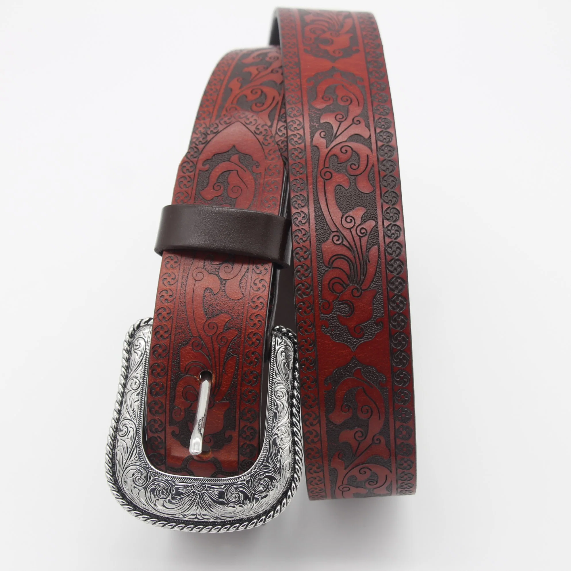 Mens Western Leather Buckle Belt, Bull Head Engraved Brown Cowboy Belts 1-1/2 Inch Wide